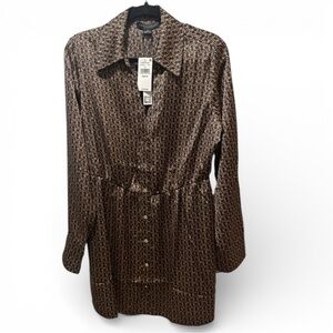 Sanctuary Shirt dress satin brown print pockets A‎ Day To Shine mini knee NWT